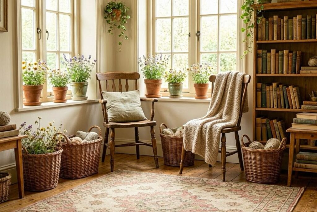 A living room with two wooden chairs and blankets thrown over them, potted plants on the windowsill, and a rug on the floor.